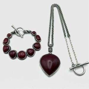 Vintage Lucky Brand Silver Scenes Deep Red Stone Toggle Bracelet & Necklace